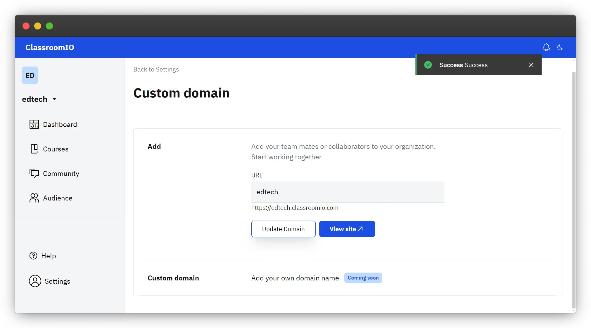 Edit Custom domain URL